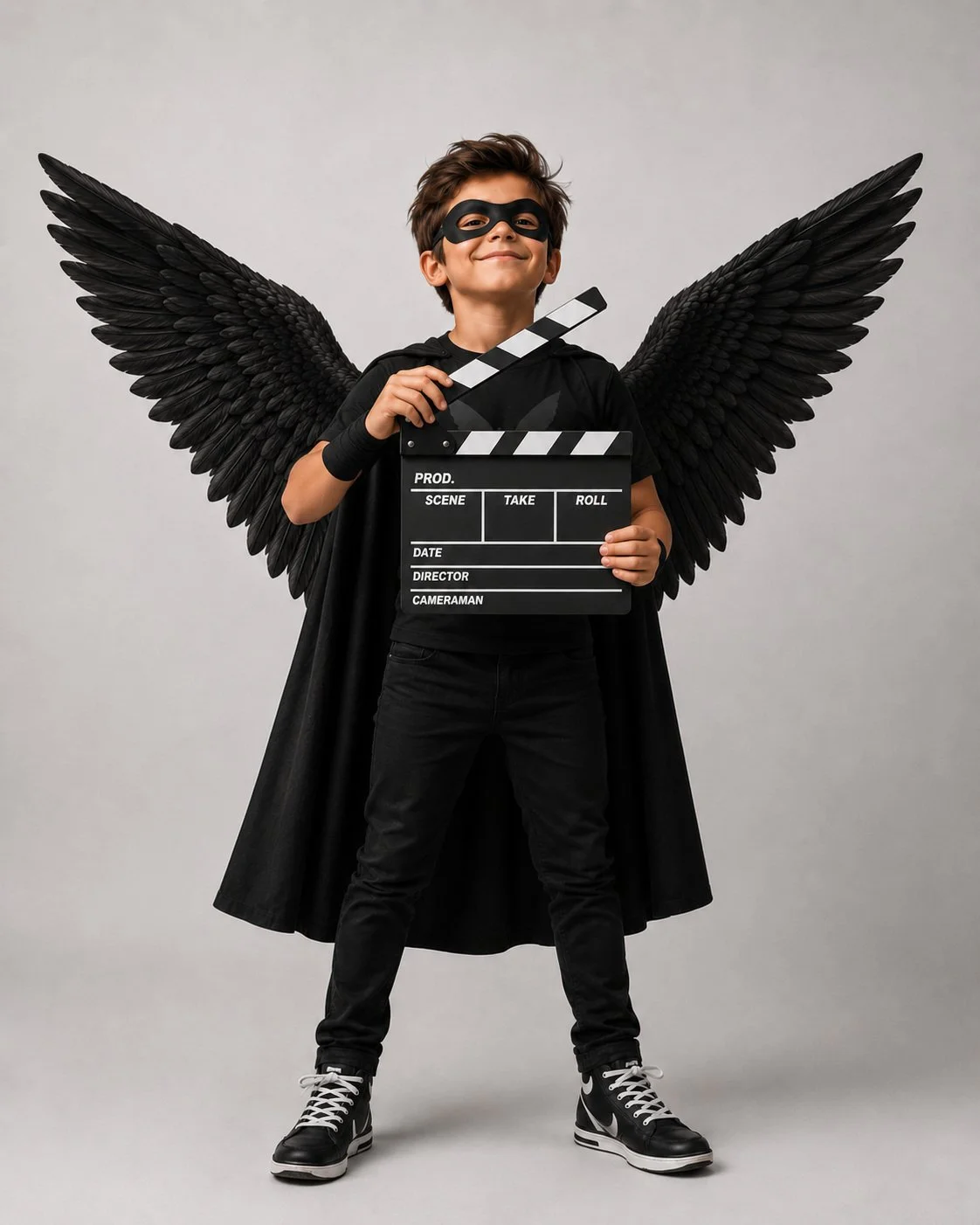 A young boy dressed as a superhero with black wings, wearing a black mask, holding a film slate, and standing confidently against a plain background.