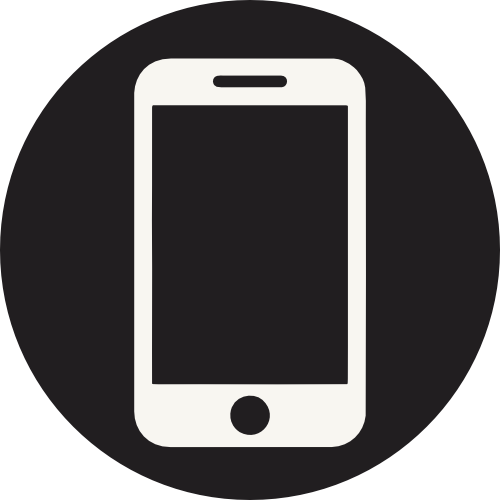Icon of a white smartphone with a round home button on a black circular background.