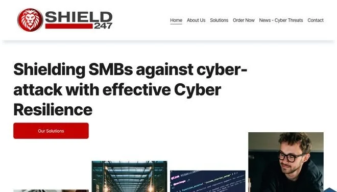 Screenshot of Shield 247 website showing cybersecurity services, with logo, navigation menu, and headline about protecting small businesses against cyber attacks.