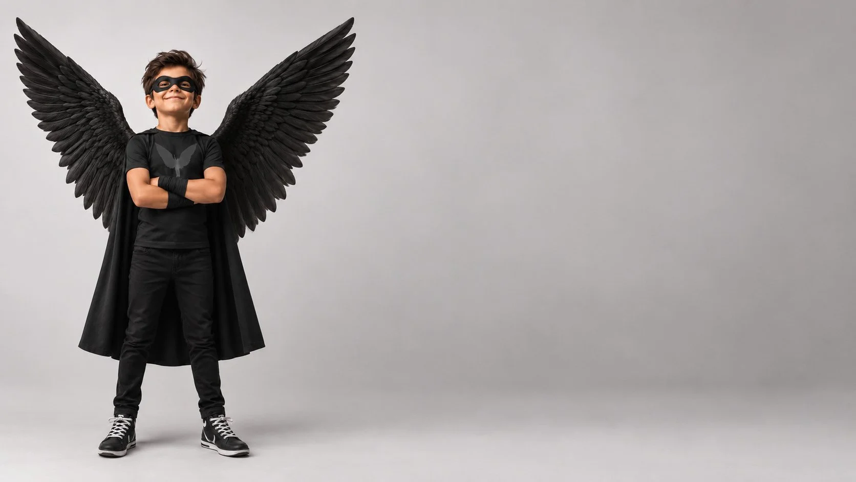 Young boy dressed as a superhero with black wings, black mask, black cape, crossed arms, smiling, standing confidently against a plain background.