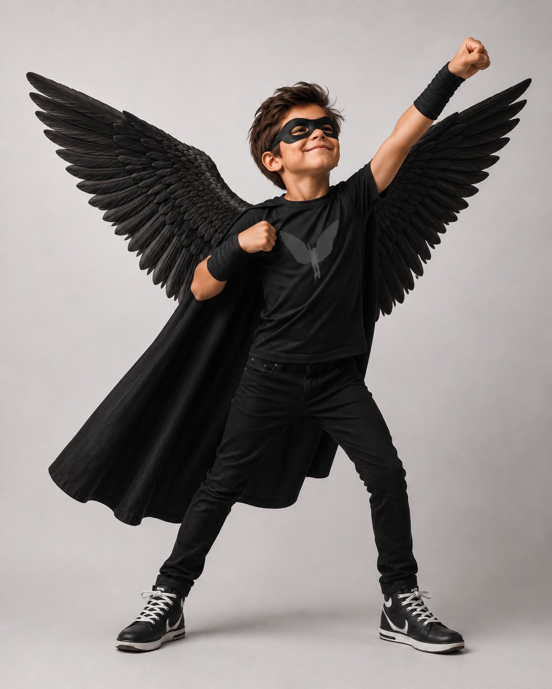 Child dressed as a superhero with black wings, black mask, black T-shirt with a butterfly logo, and black sneakers, striking a heroic pose.