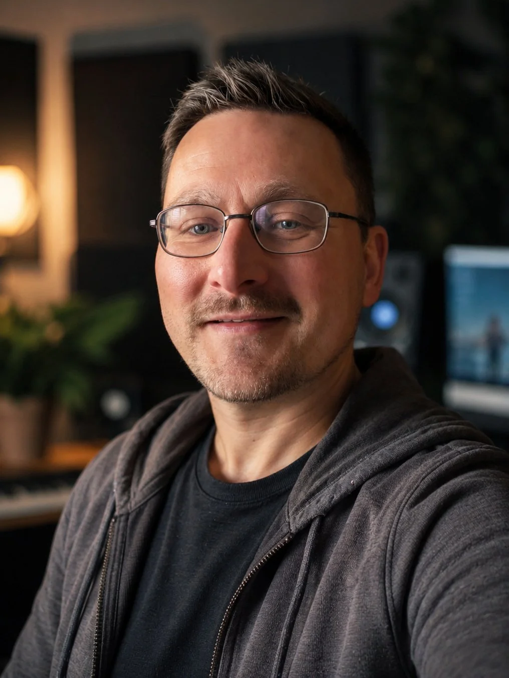A man with glasses smiling in a home office, with a computer screen and audio equipment in the background.