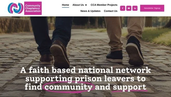 Screenshot of the Community Chaplaincy Association website homepage showing two people walking on a cobblestone path with the headline about supporting prison leavers through community and faith-based networks.