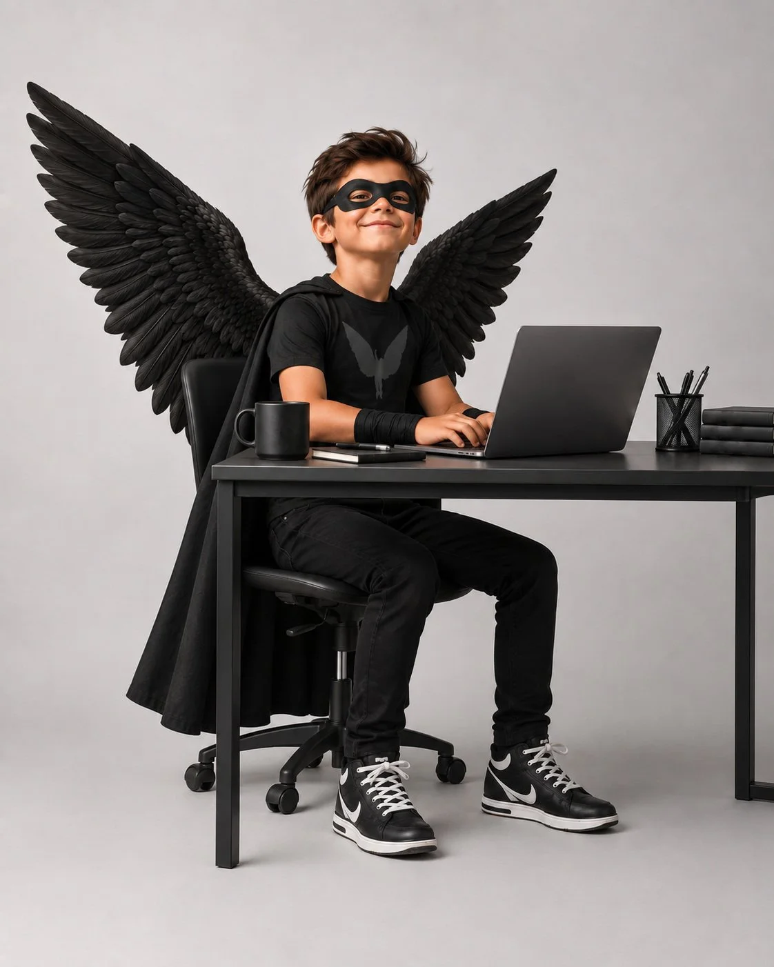 A young boy dressed as a superhero with black wings, a mask, and a cape, sitting at a desk with a laptop, a black mug, and stationery, smiling in a studio setting.