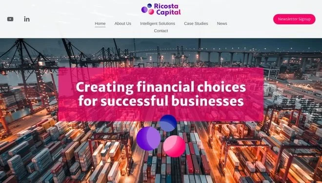 Screenshot of Ricosta Capital website homepage with a city port scene at dusk, featuring shipping containers and cranes, and a pink banner with white text that says 'Creating financial choices for successful businesses'.