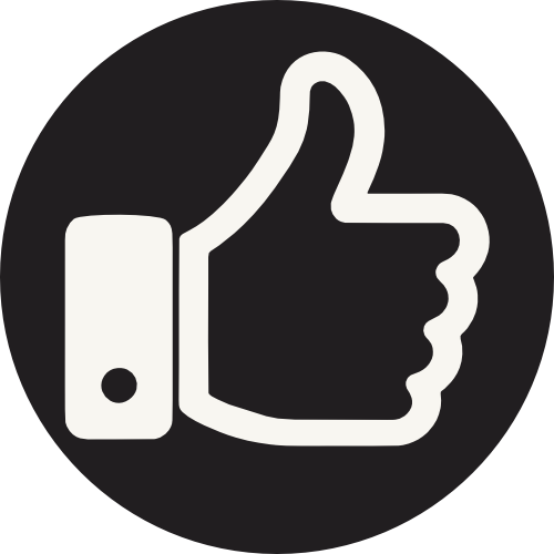 White thumbs-up icon on a black circular background.