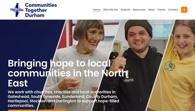 Screenshot of the Communities Together Durham website homepage featuring a group photo of diverse smiling people including an elderly woman, a young man, and a girl, with a headline about supporting local communities in the North East.