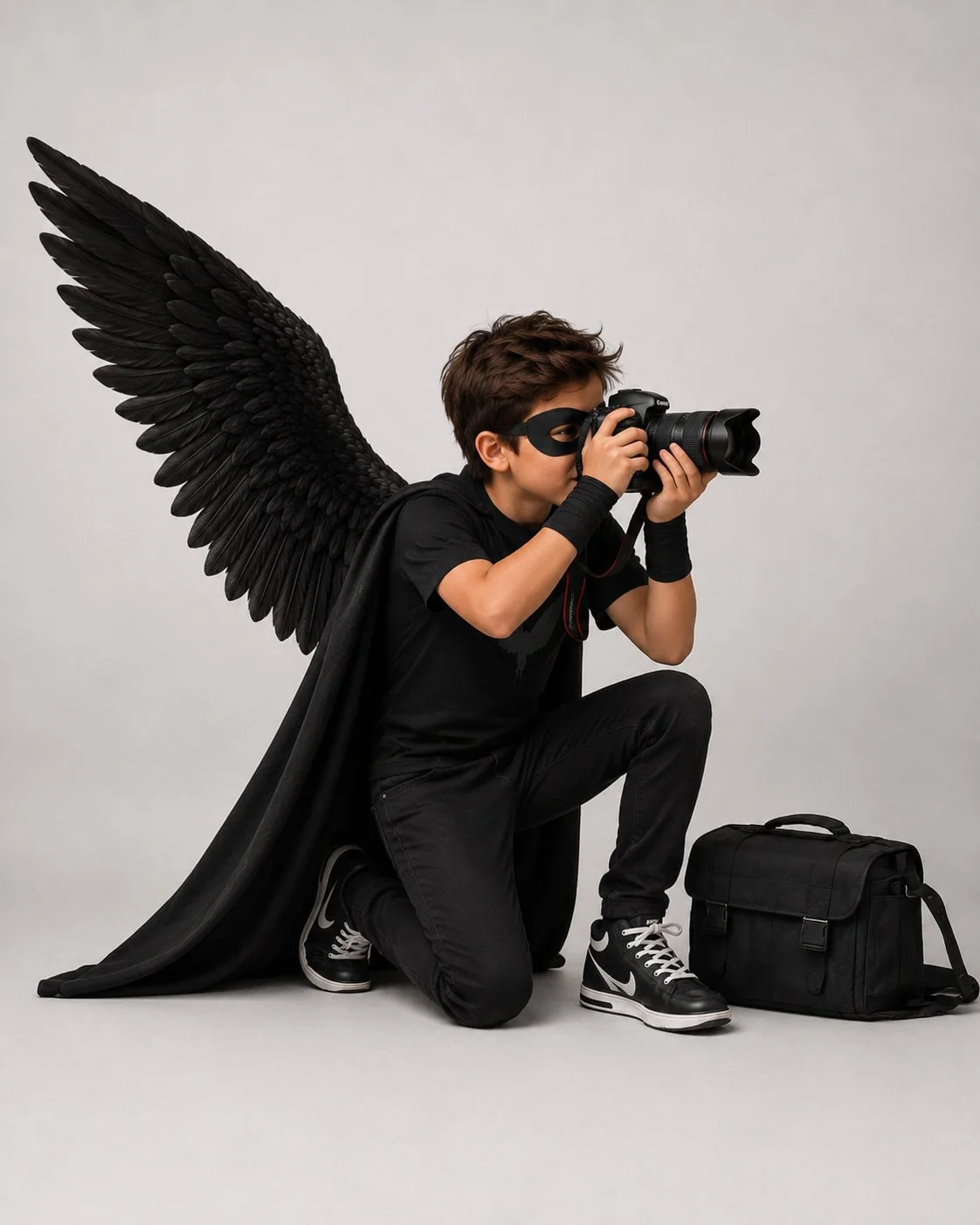A young boy wearing black clothing, black angel wings, and a black cape, kneeling and taking a photo with a professional camera. There is a black camera bag on the floor beside him.