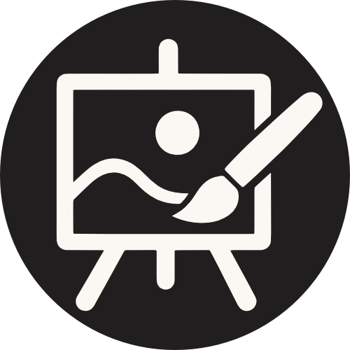 Icon of a painting easel with a canvas and a paintbrush.