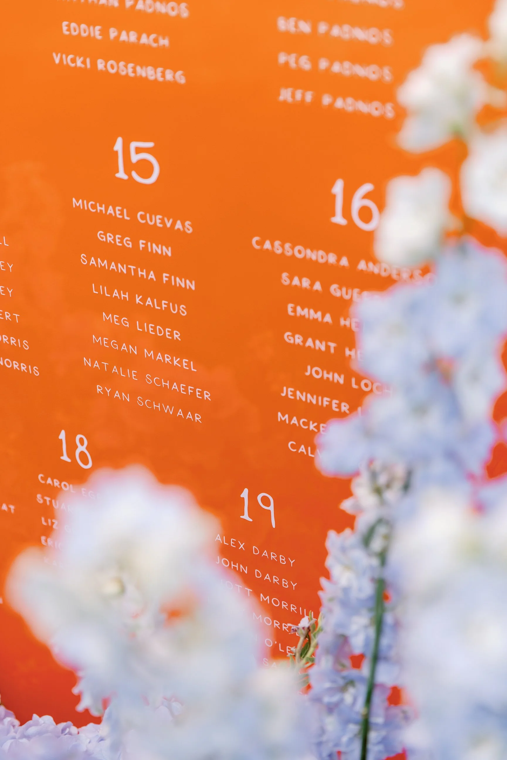 Bold orange table setting sign with flowers and chic detailing