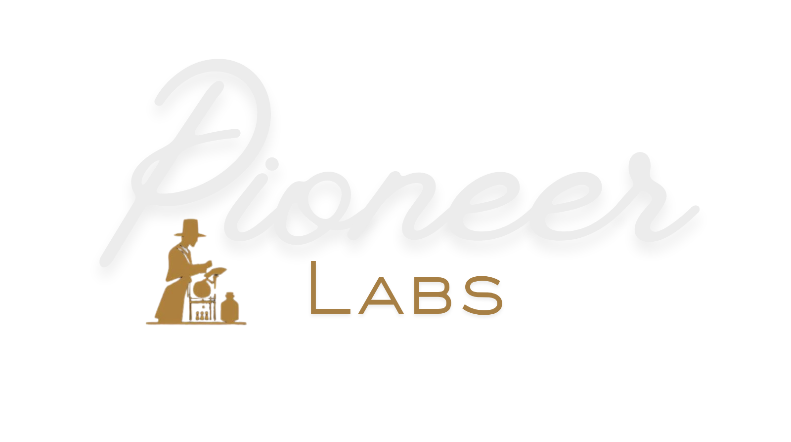 Logo for Pioneer Labs with cursive white text and an illustration of a person in a lab coat working with laboratory equipment.