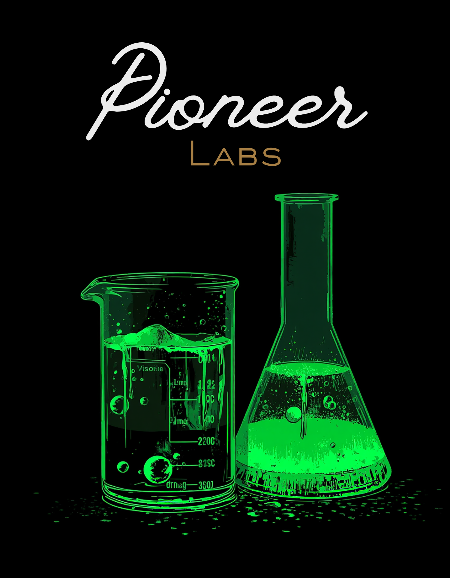 Neon green outline of laboratory beaker and test tube with bubbling liquid on black background, with the text 'Pioneer LABS' above.