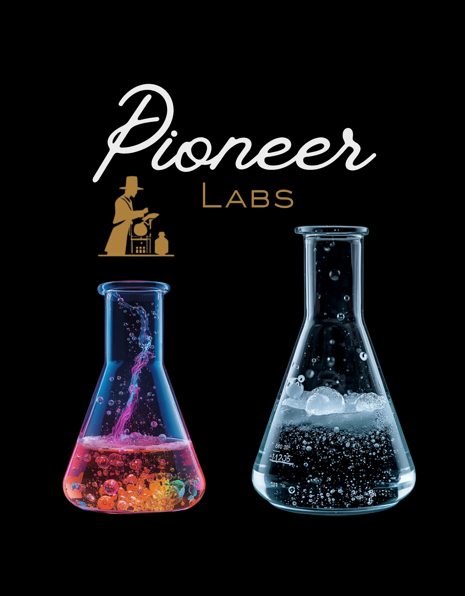 Two laboratory glass beakers with colored liquids and bubbling reactions, one pink and orange and the other clear with ice, against a black background. Pioneer's Labs logo with a scientist figure and beakers.