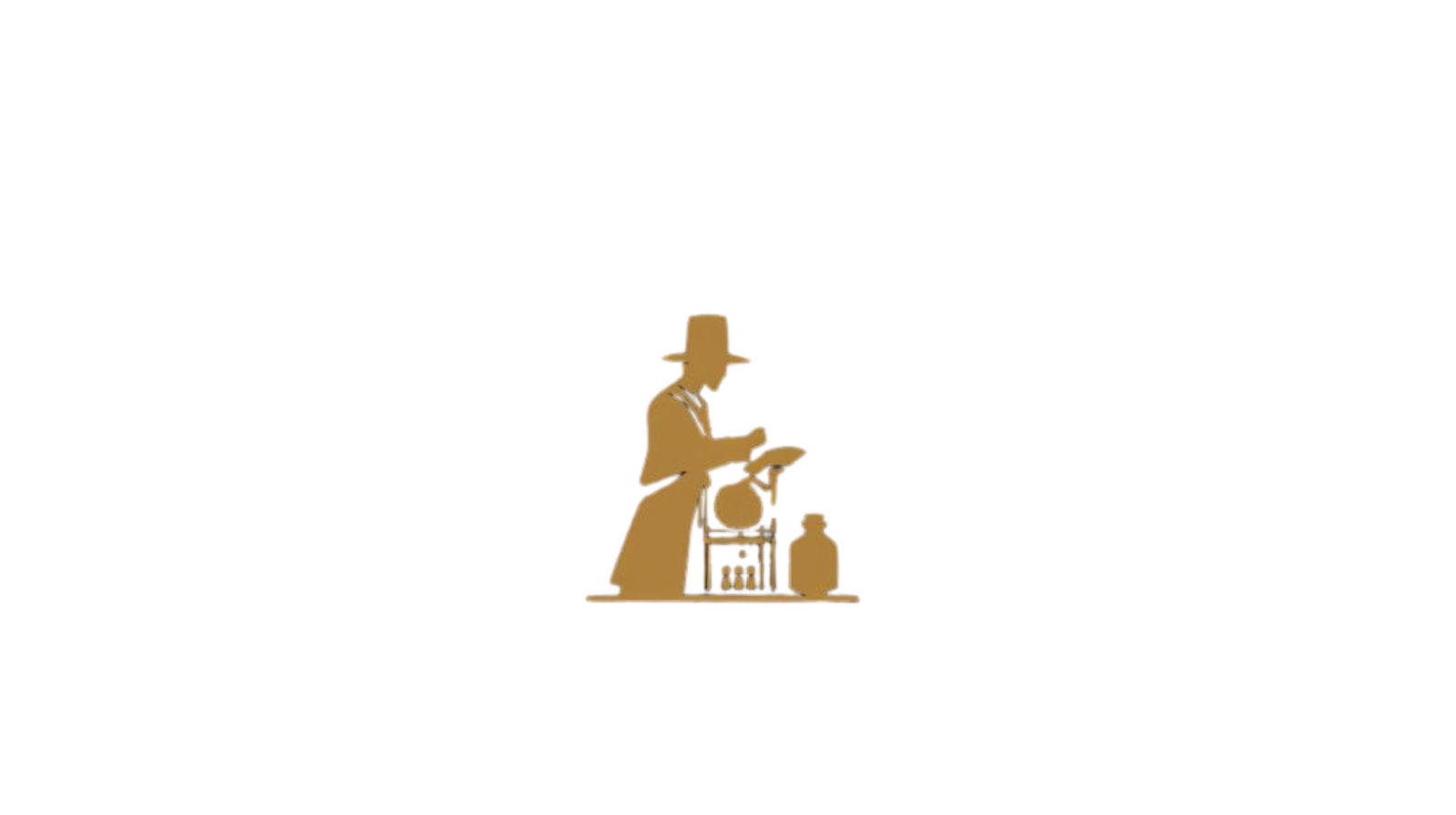 Silhouette of a woman in a dress and hat working with jars at a table, with a dog sitting beside her.