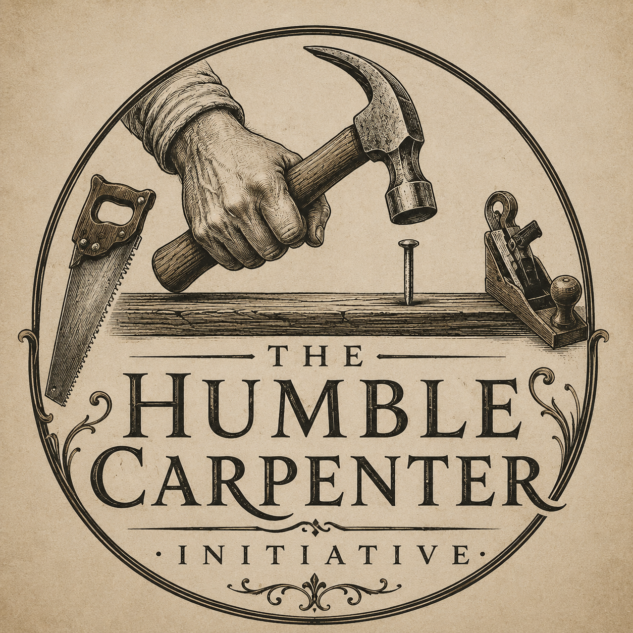 Vintage carpentry logo with a hand holding a hammer, a saw, a nail, and a plane, along with the text 'The Humble Carpenter Initiative' in an ornate circular frame.
