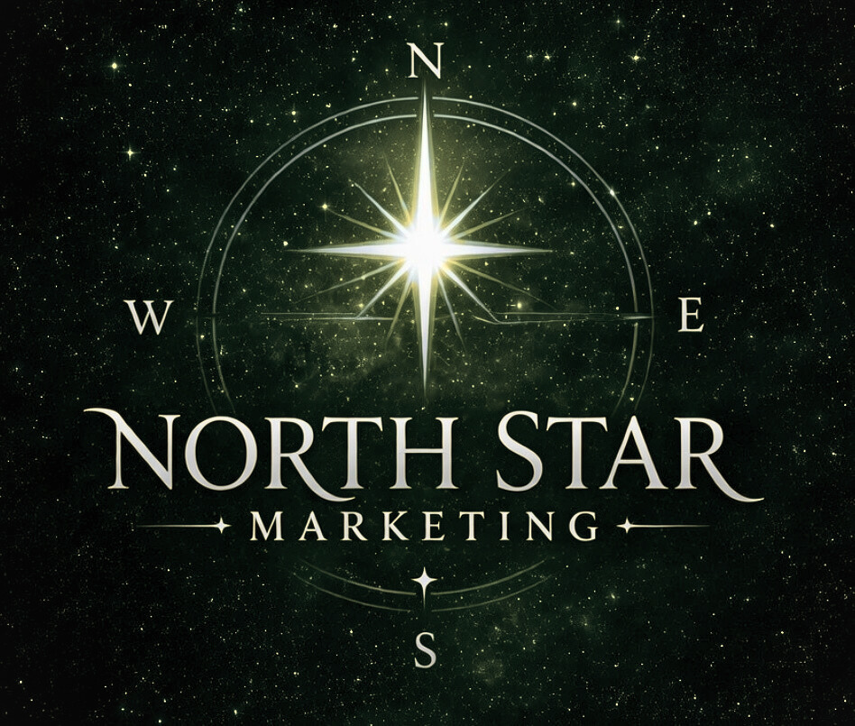 A logo for North Star Marketing featuring a bright star at the center with a dark green starry background and a compass rose with North, South, East, and West labels.