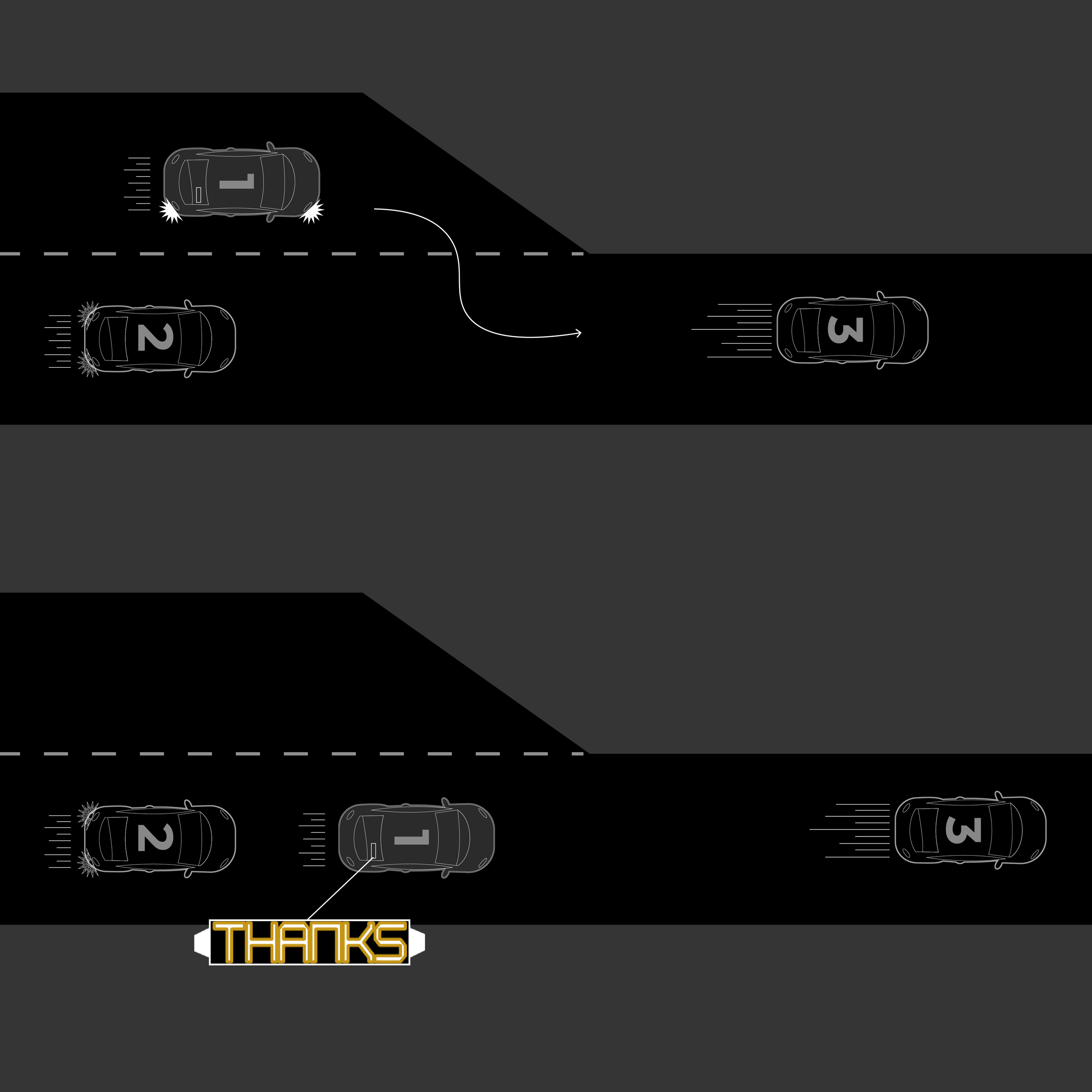 Illustration of three cars on a black and gray background, with arrows indicating one car's turning movement and a 'Thanks' message at the bottom.