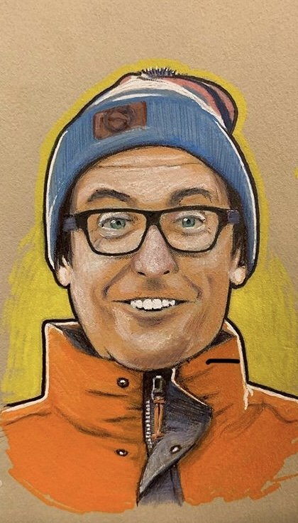 Illustration of a smiling man with glasses wearing a blue beanie and orange jacket, with a yellow background.