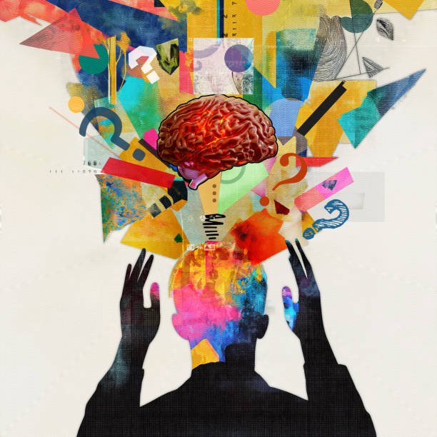 Silhouette of a person with their head open, revealing a brain and colorful abstract shapes, lines, and numbers emerging from it.