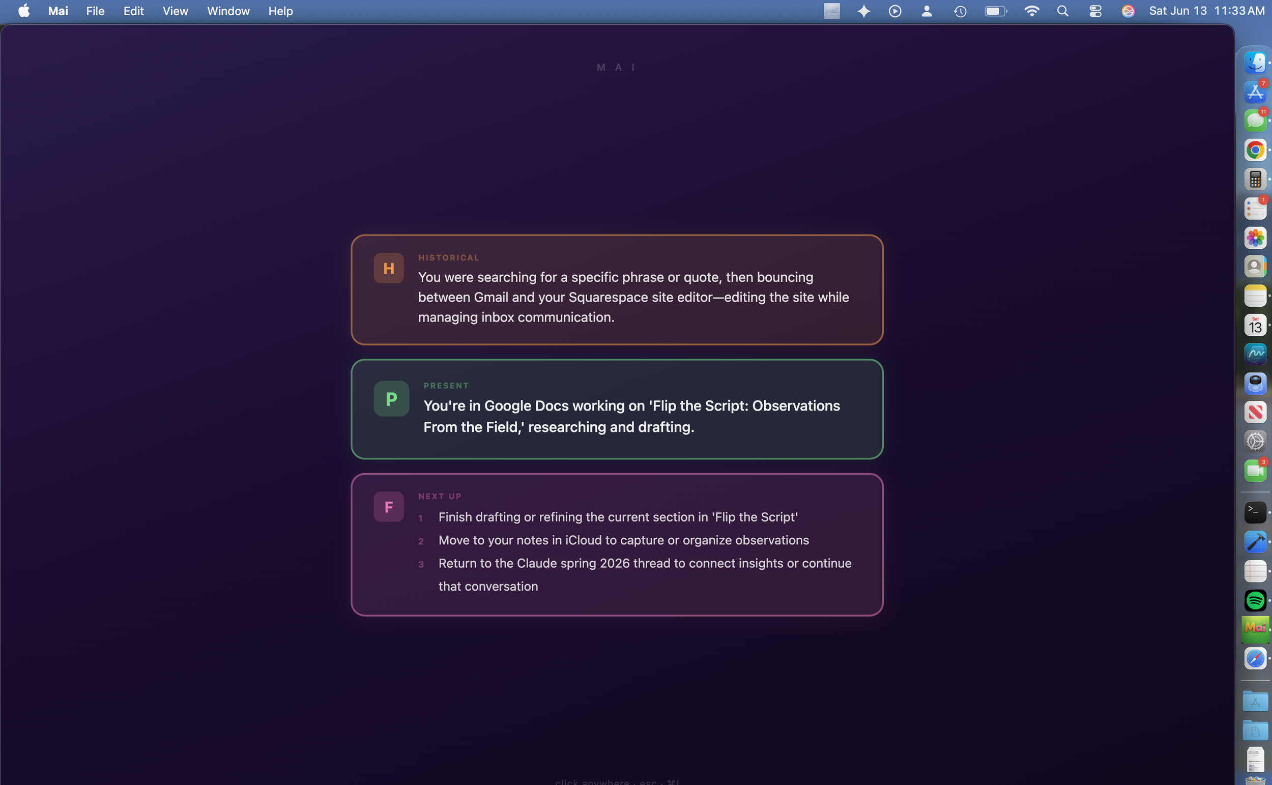 Screenshot of a digital note-taking or task management app with colored sections for different topics, including historical research, current work on a script, and future tasks, displayed on a dark purple background with a sidebar of app icons and a desktop menu bar at the top.