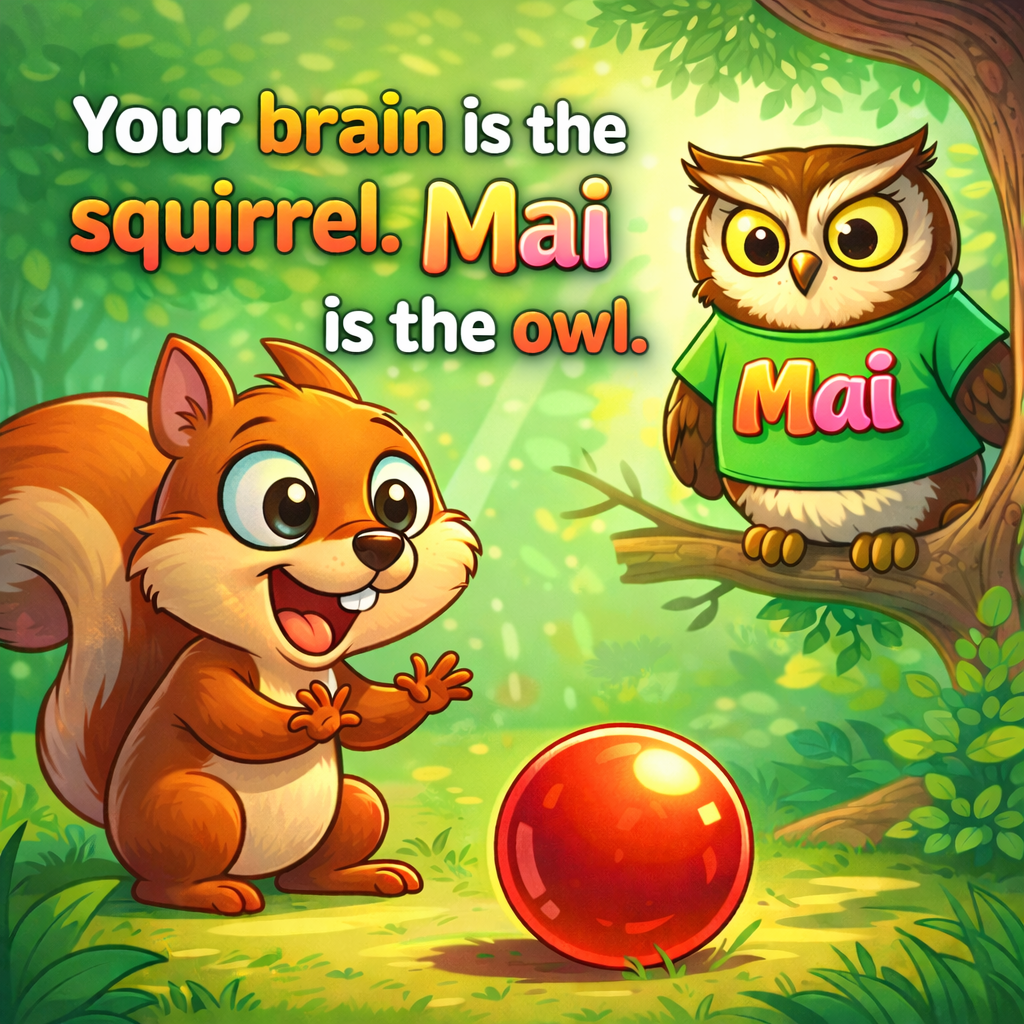 A colorful cartoon illustration featuring a squirrel and an owl in a forest setting with trees and green foliage. The squirrel is happy and reaching out with both hands, while the owl is perched on a branch wearing a green shirt with a pink and orange name tag. There is a shiny red ball on the ground. The text states: "Your brain is the squirrel. Mai is the owl."