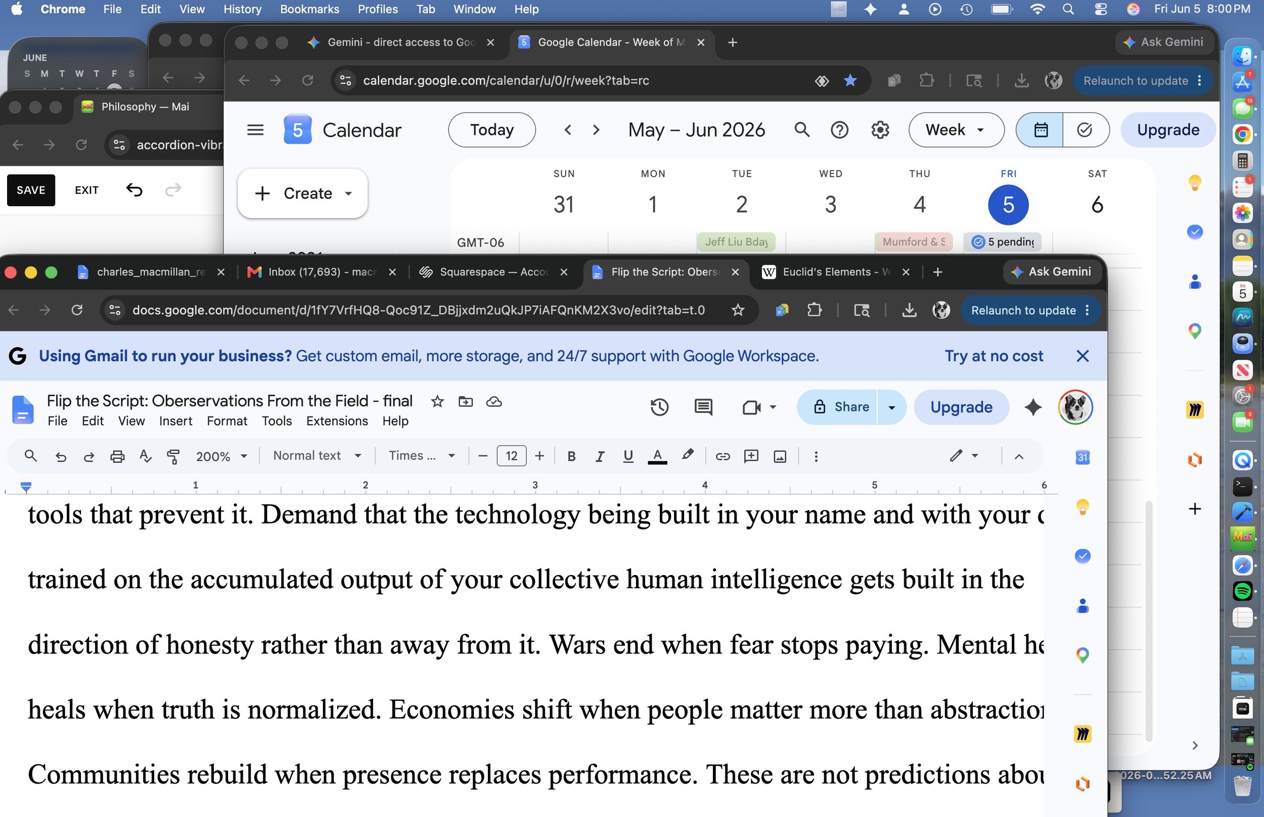 Screenshot of multiple open browser windows showing a Google Calendar for the week of June 5, 2026, Google Docs document titled 'Flip the Script: Observations From the Field - final,' and a Gmail inbox with 17,693 unread emails.