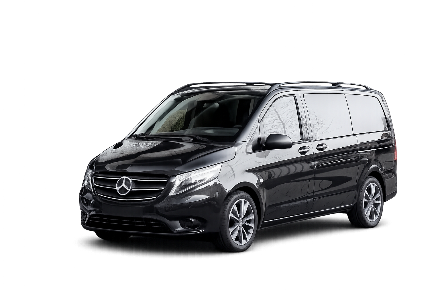 Furgone Mercedes nero su sfondo nero con effetti di luce colorati.