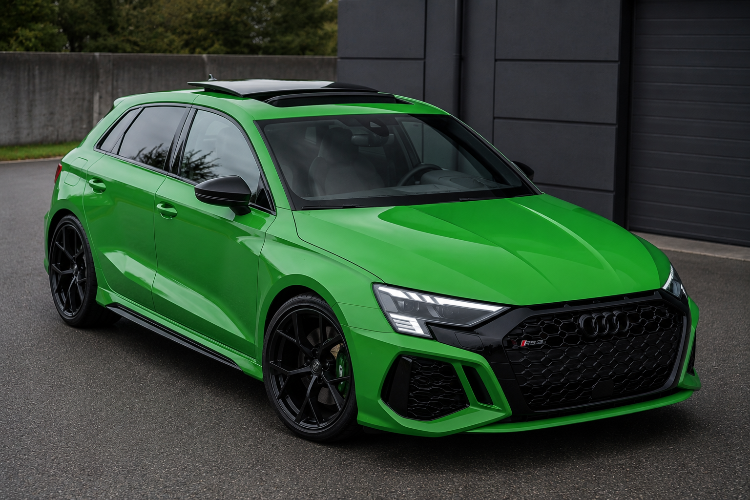 Auto sportiva verde a cinque porte con sedili sportivi e tetto nero, parcheggiata su strada asfaltata vicino a un edificio modernista in cemento