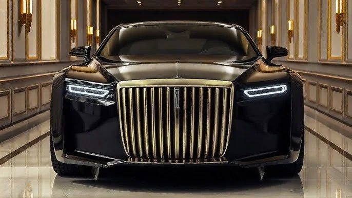 Auto di lusso nero con grande griglia frontale dorata, all'interno di un ambiente elegante e ben illuminato.