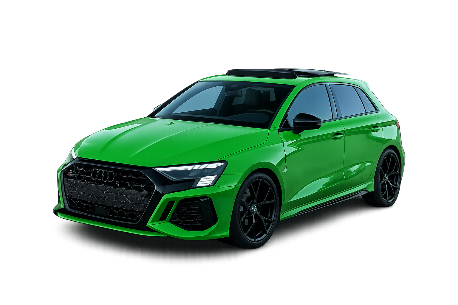 Auto hatchback stretta di colore verde con stile sportivo, semitrasparenza, sfondo nero e luci colorate.