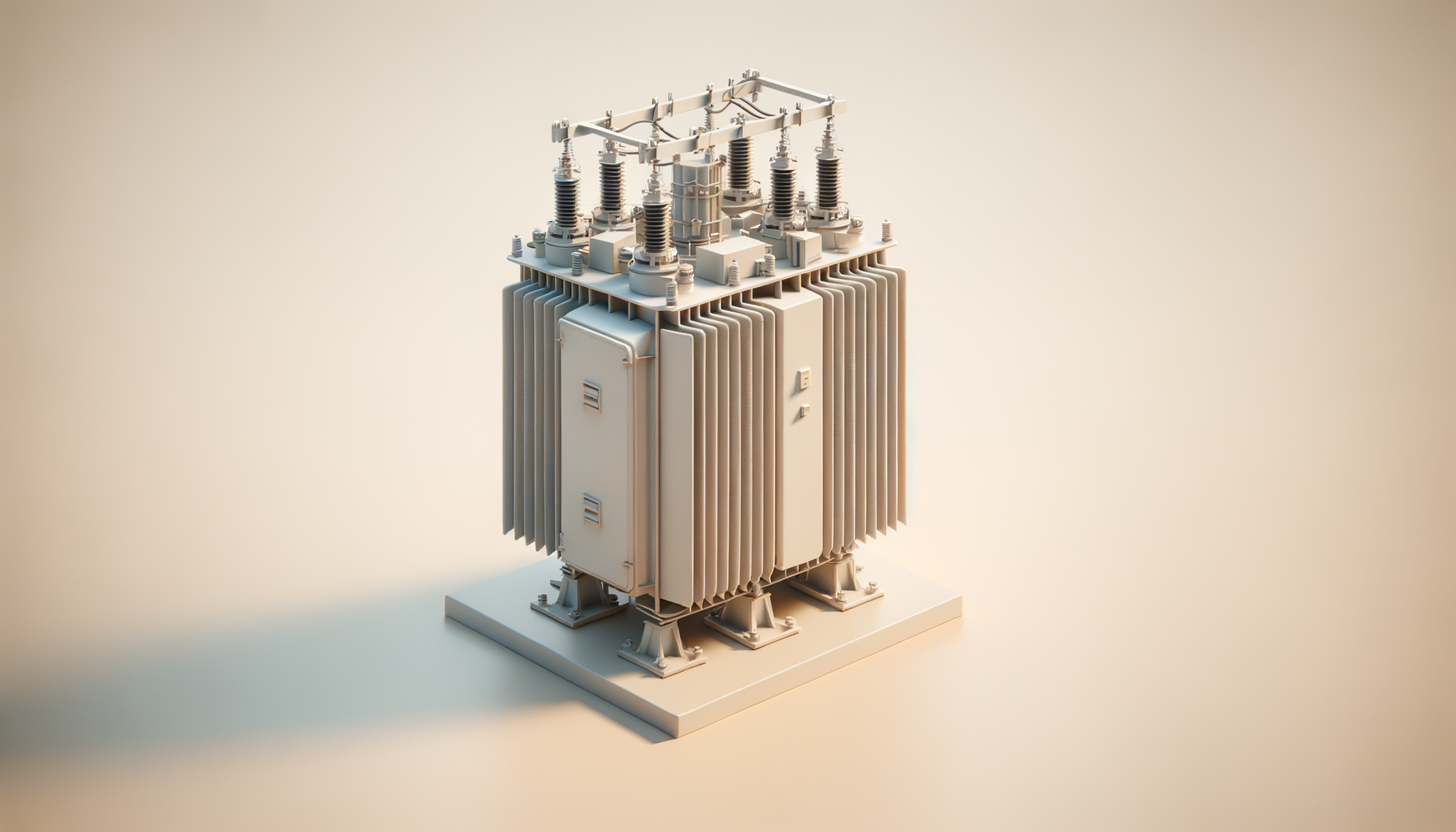 A detailed model of a large electrical transformer with cooling fins, bushings, and core structure, mounted on a white base against a plain background.