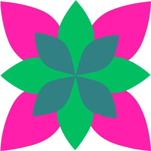 A symmetrical flower design with alternating pink and green petals.