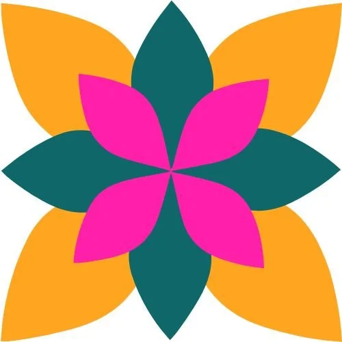 Colorful abstract flower design with pink and green petals.