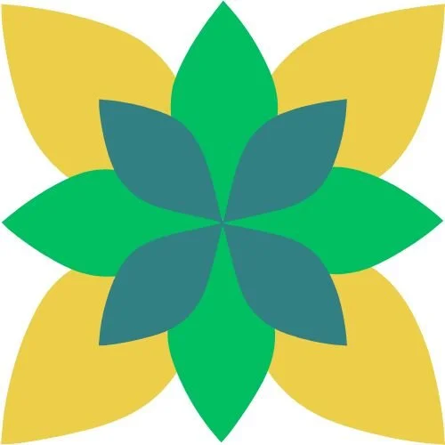 A geometric floral pattern with alternating green, dark green, and yellow petals arranged in a symmetrical design.