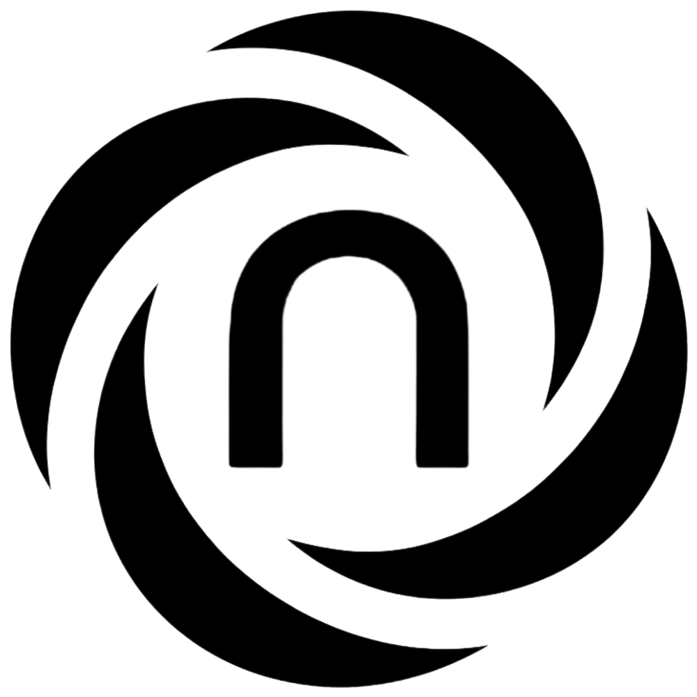A black circular sticker with a black magnet icon in the center surrounded by a swirl pattern.