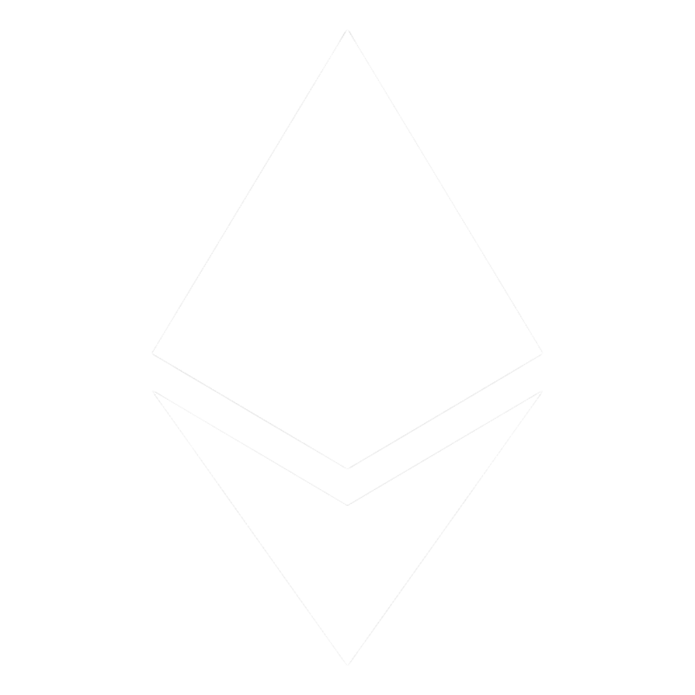 Black and white illustration of the Ethereum cryptocurrency logo, featuring a diamond shape with a pointed top and bottom.