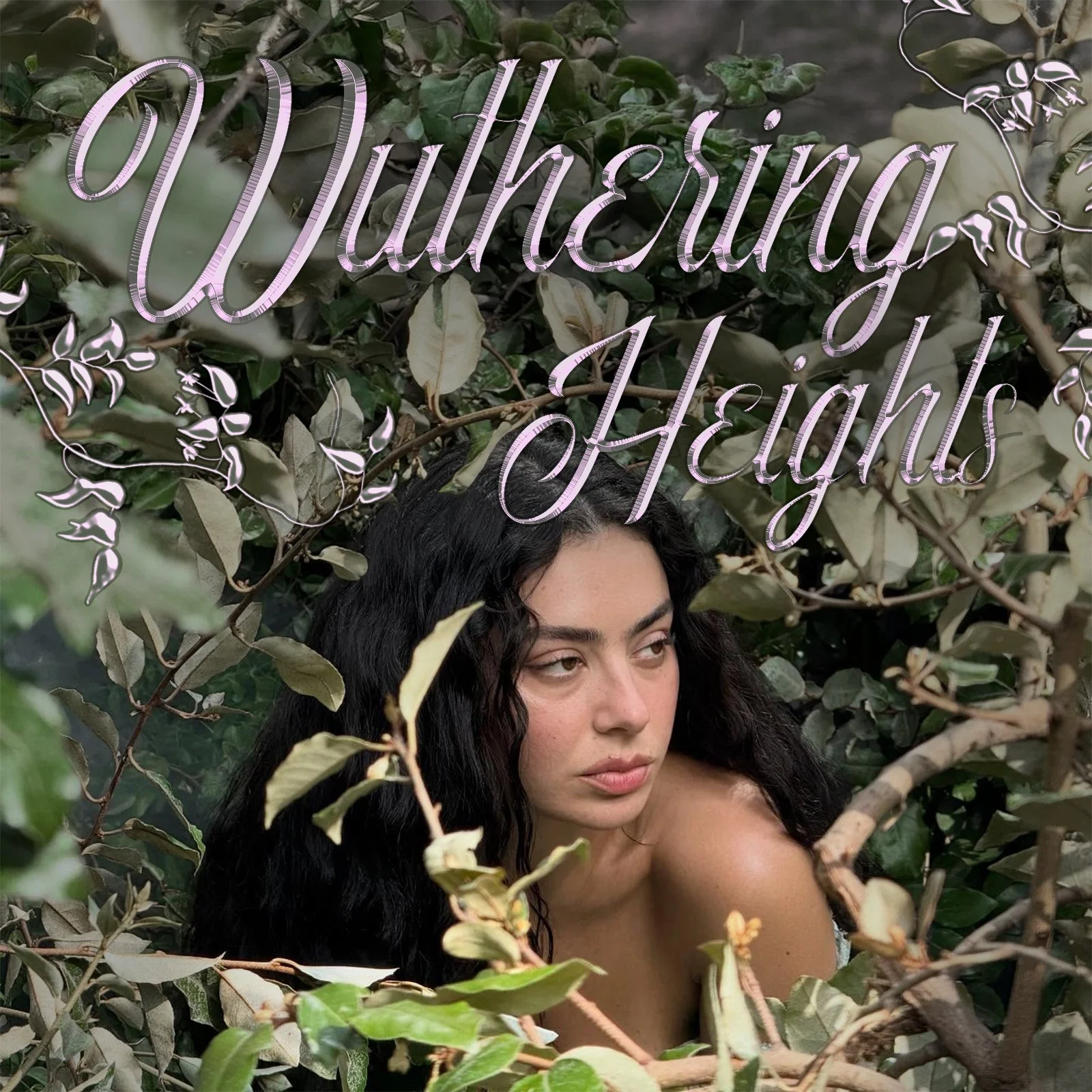 charli xcx in bushes with metallic wuthering heights typography