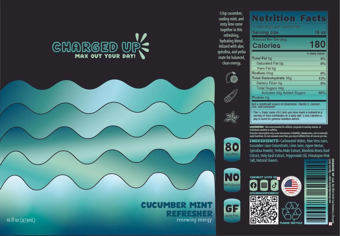 Cucumber Mint flavor energizing beverage bottle label with nutrition facts and ingredients listed.
