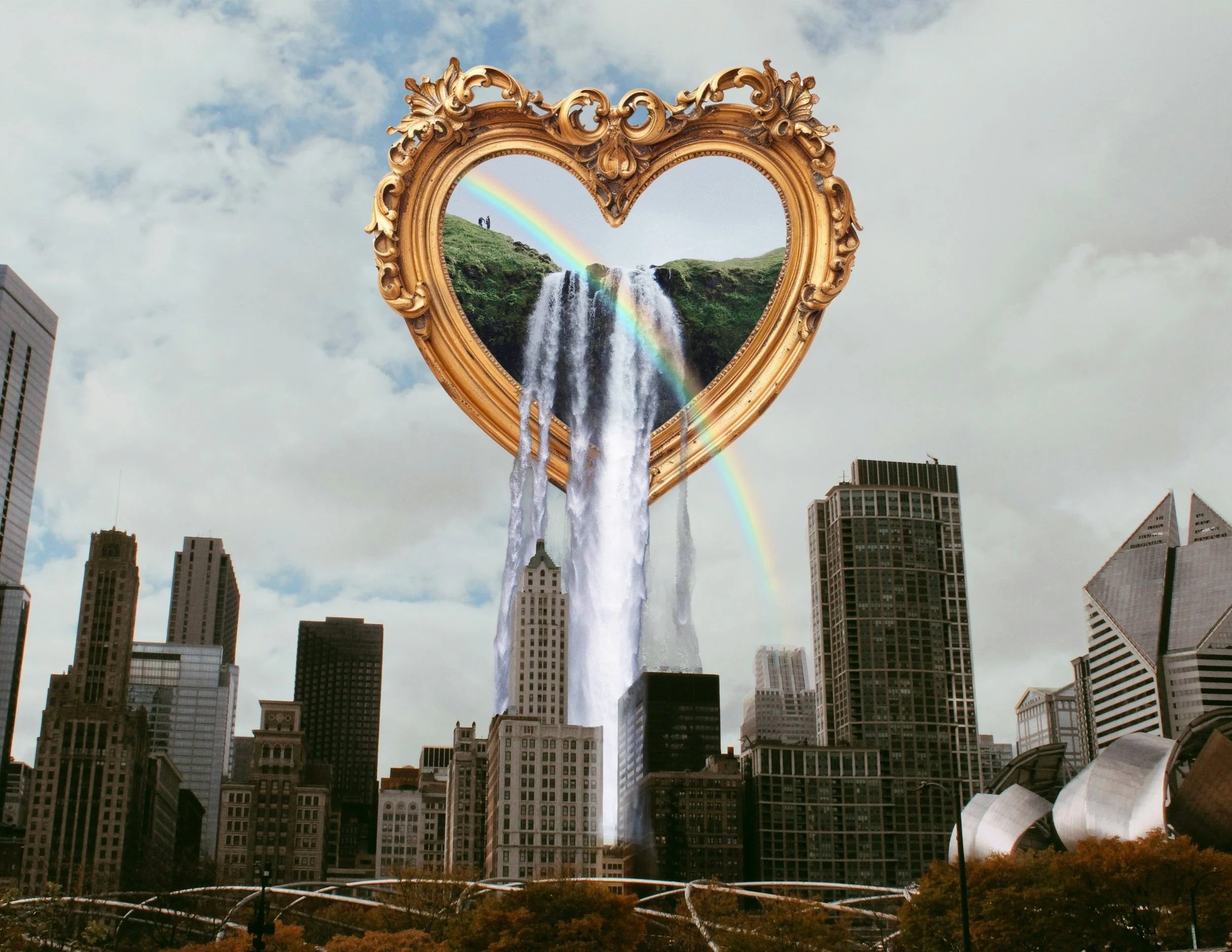 an image of a waterfall falling out of a heart shaped photo frame with a rainbow coming out over a city skyline