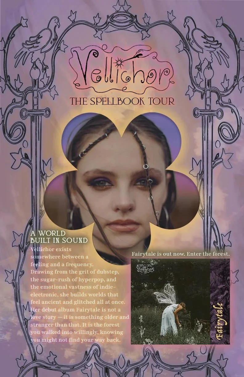 tour poster with picture of musician in a flower shaped frame in middle and gothic style border. logo and tour logo at the top and center of poster
