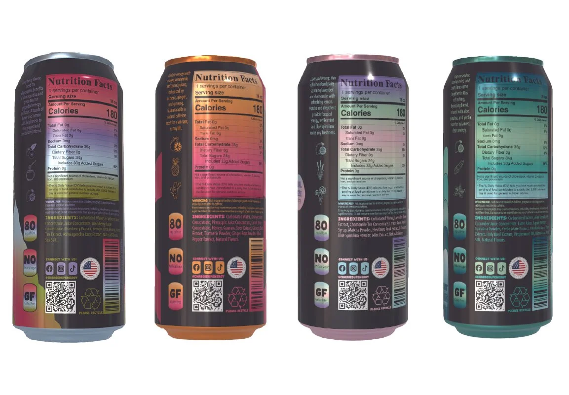 Four cans of flavored sparkling water with colorful labels in pink, orange, purple, and teal, displaying nutritional facts and ingredients.