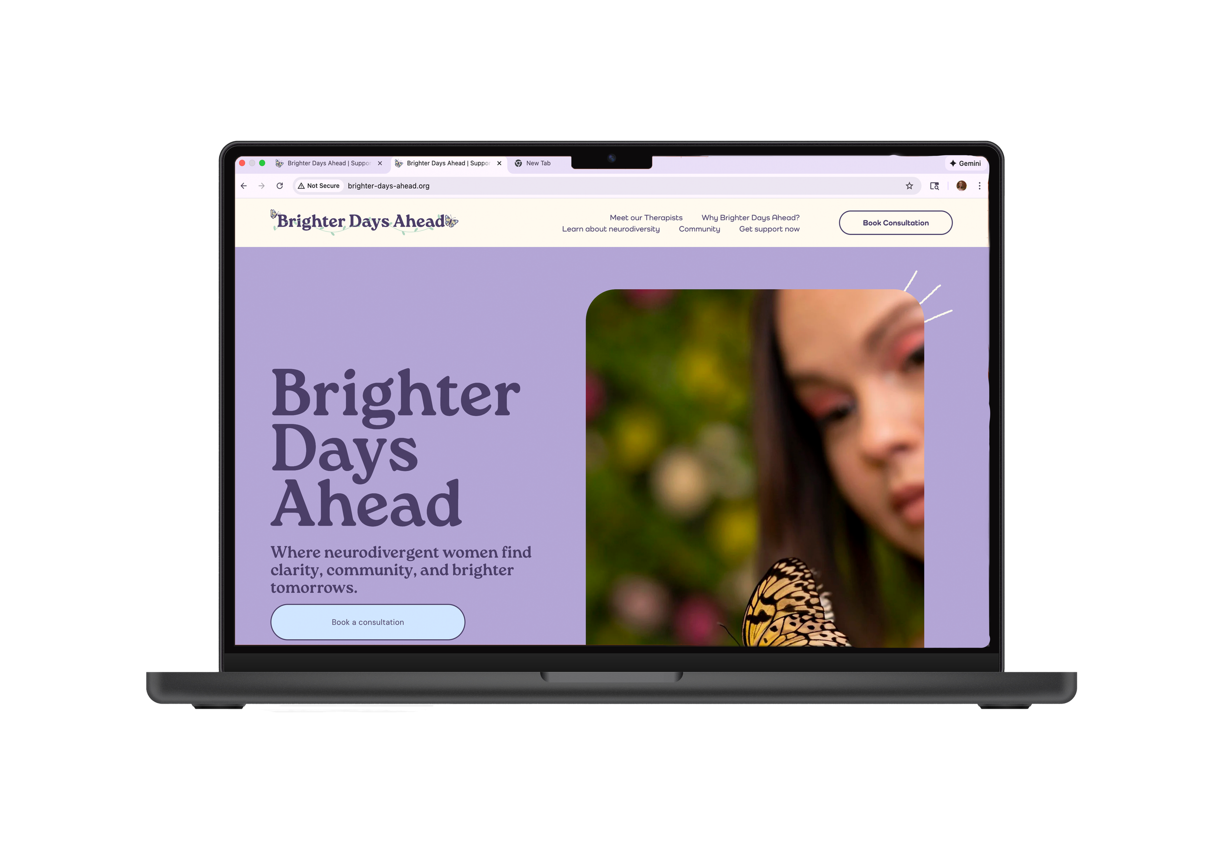 Laptop displaying a website titled "Brighter Days Ahead," with a purple background, some text, logo, navigation links, and a female model with butterflies.