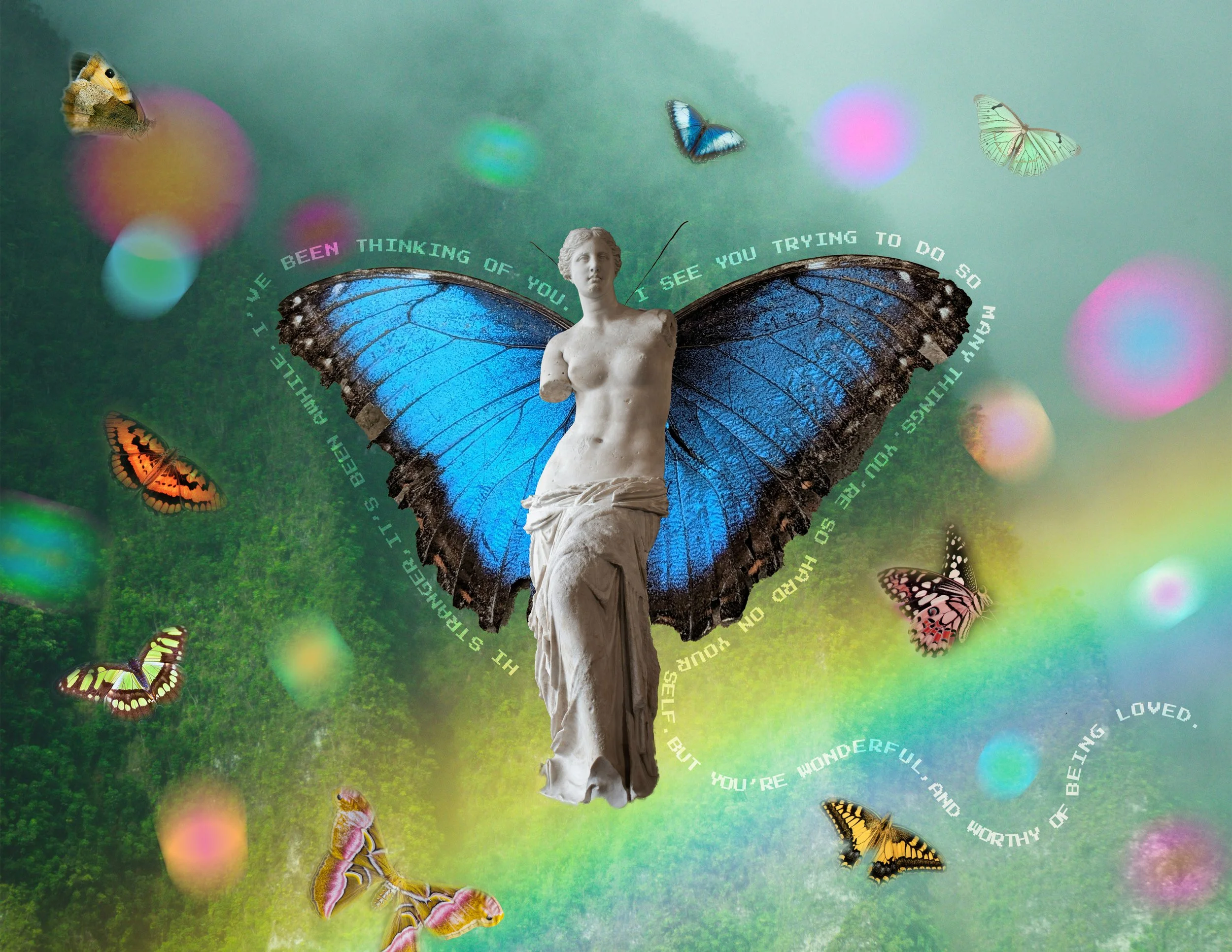 venus statue with blue butterfly wings and butterflies around her in front of green mountain scenery