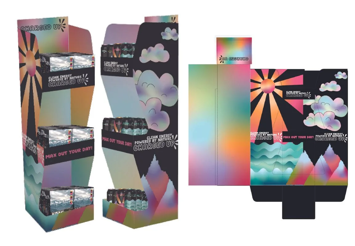 Colorful display box for energy drinks with rainbow gradient and mountain scenery artwork, featuring cans of energy drinks inside and promotional messages like "Max Out Your Day!" and "Clean Energy Powered by Nature!".