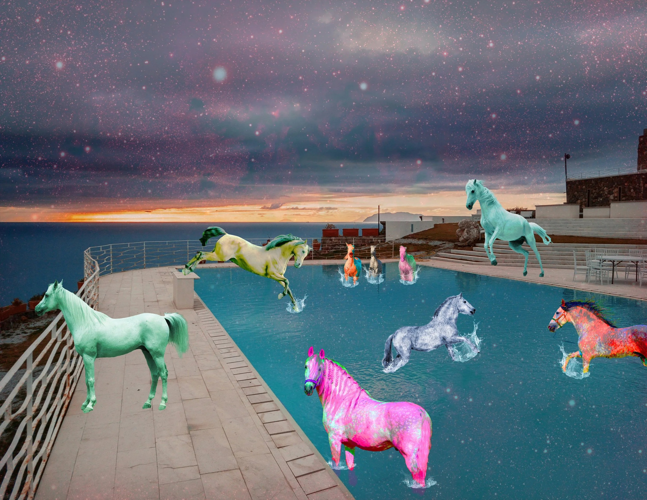 neon horses in swimming pool with galaxy background
