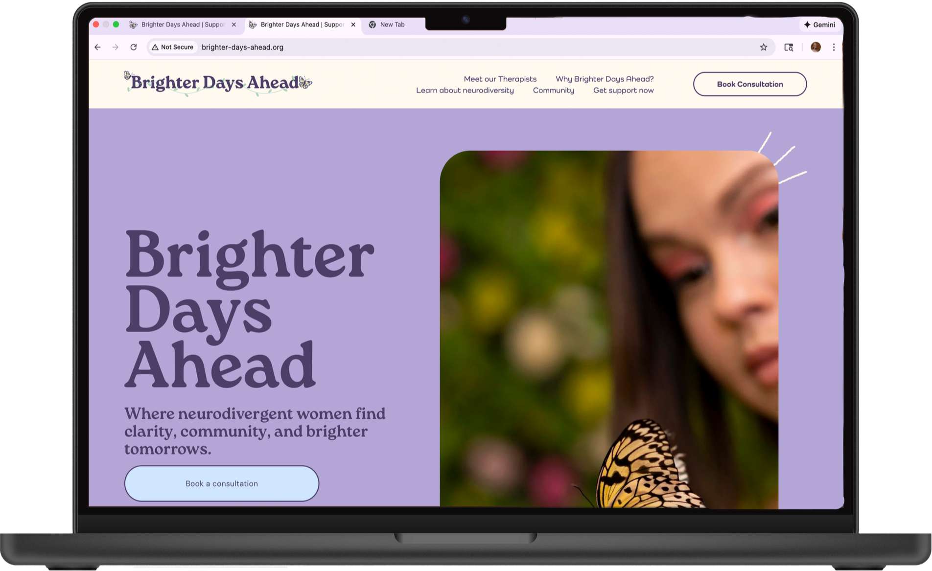 Screenshot of a website titled 'Brighter Days Ahead' with a purple and cream color scheme. It has a top menu with links and a button labeled 'Book Consultation'. The main section features large purple text 'Brighter Days Ahead' with a subtitle about neurodivergent women and a pea button for booking a consultation. Part of a woman with long dark hair and a butterfly is visible on the right side of the screen.