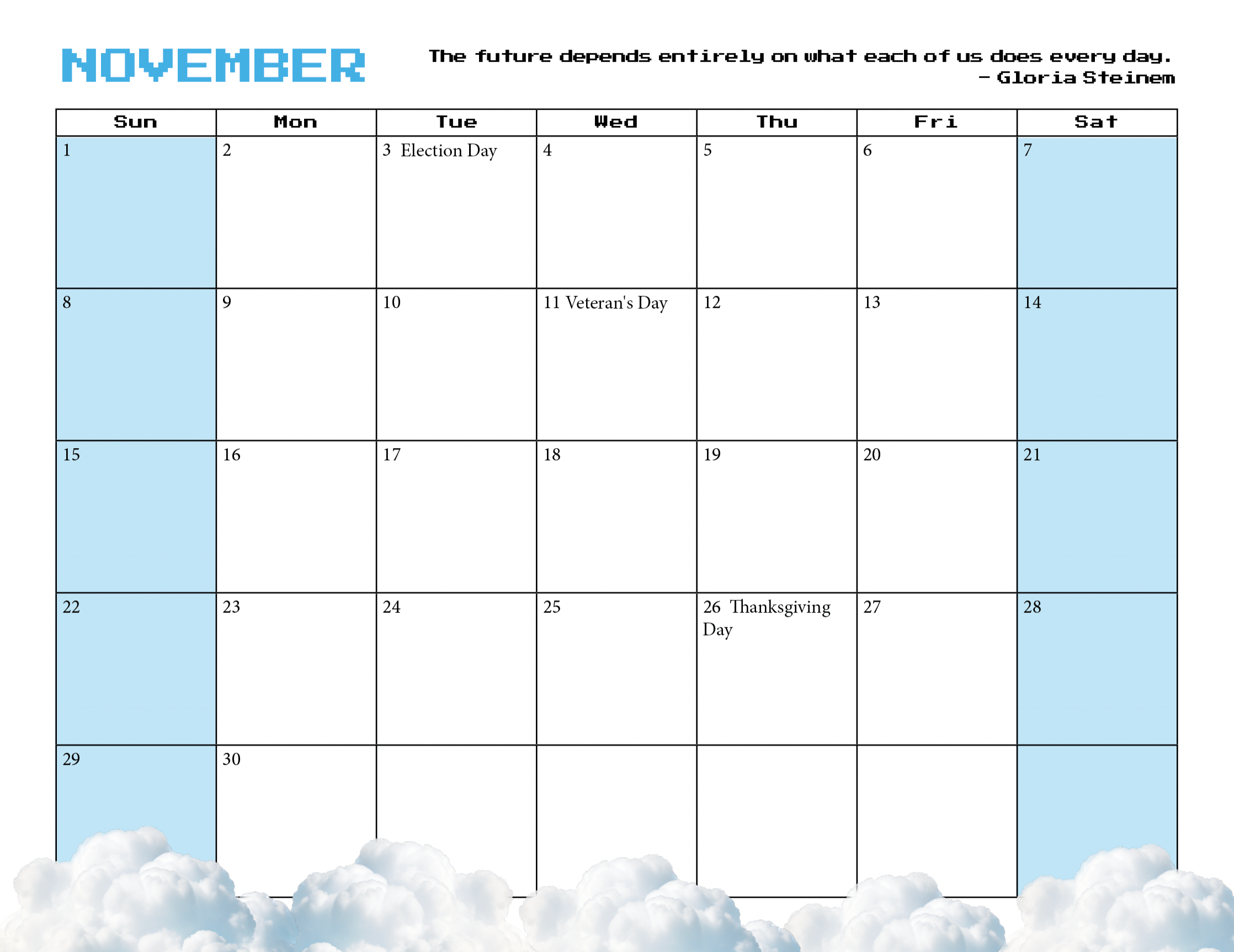 Calendar page with clouds at bottom border