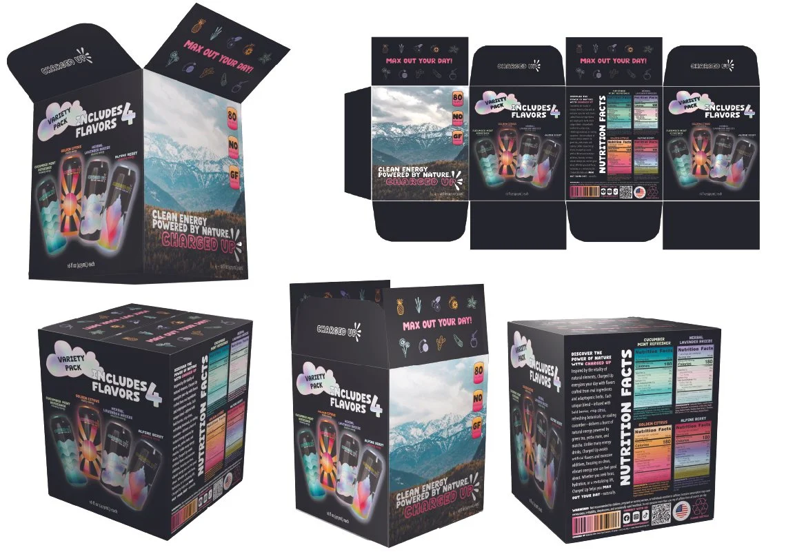 Multiple views of a snack box packaging for a product called 'Variety Pack Includes 4 Flavors' featuring colorful bottles with glowing effects, images of mountains, and nutritional information on the back.