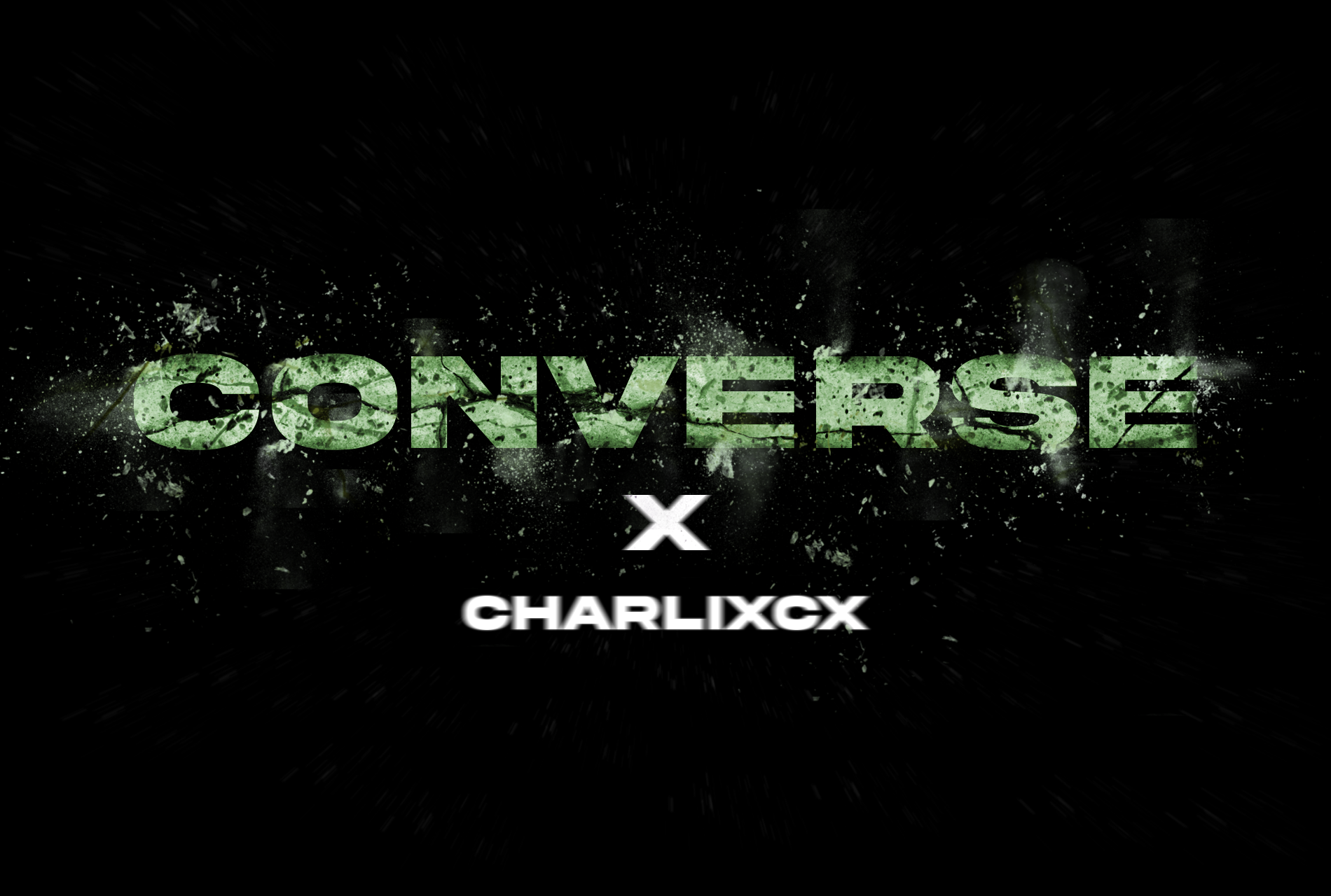 Graphic with the word 'CONVERSE' in large, green, textured letters, with a black background and paint splatter effects. Below, there is the text 'CHARLIXCX' in white and Chinese characters.