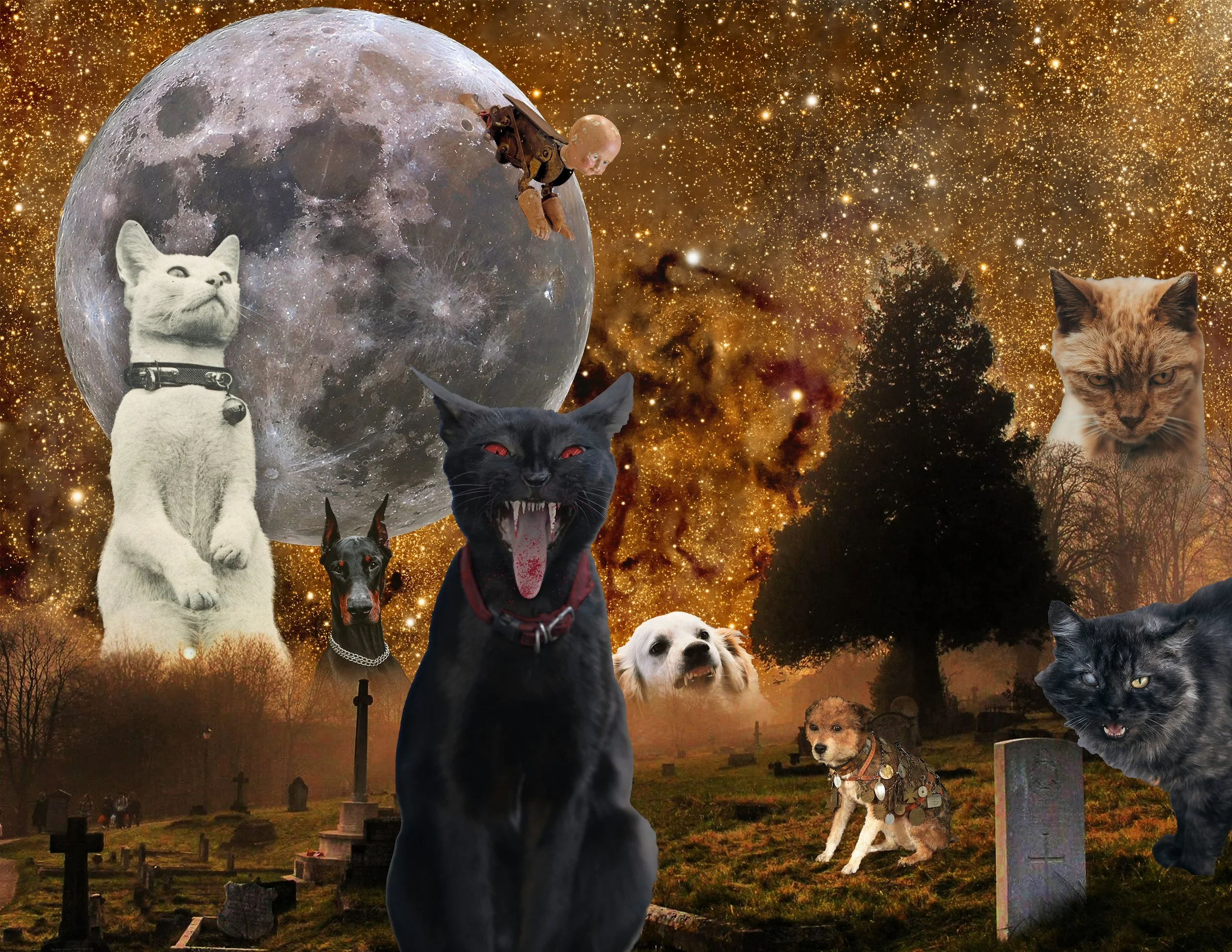 graveyard with evil animals and full moon with orange galaxy background